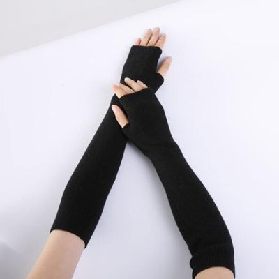 Autumn and Winter Pure Color Fine Wool Soft Fashion Warm Fingerless Gloves for Men and Women Cashmere Half-Finger Arm Sleeves (Black)