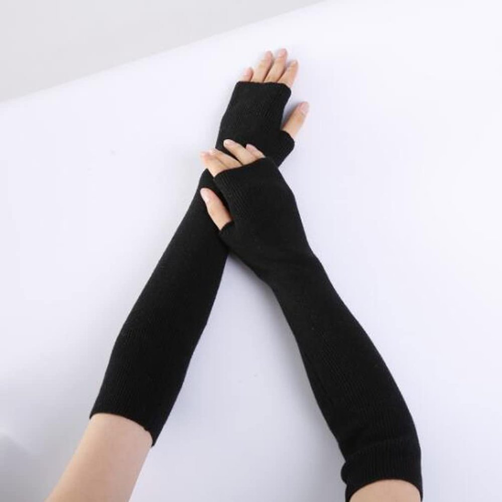 Autumn and Winter Pure Color Fine Wool Soft Fashion Warm Fingerless Gloves for Men and Women Cashmere Half-Finger Arm Sleeves (Black)