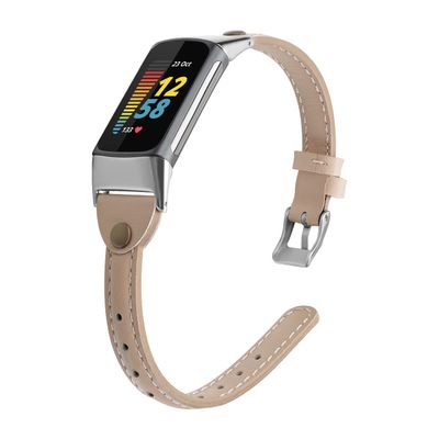 Leather Watch Bands for Fitbit Charge 5,Women Men Sport Leather Watch Strap Replacement Wristband Adjustable 5.5-8.0 inch Wrist Compatible for Fitbit Charge 5 - Apricot