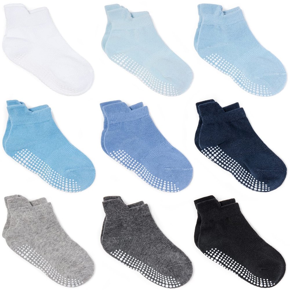 ZAPLES Baby Non Slip Grip Ankle Socks with Non Skid Soles for Infants Toddlers Kids Boys Girls (Boys - 9 Pairs, 0-6 Months)