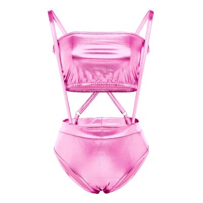 Women's Metallic Shiny Teddy Bodysuit and Bandeau Tube Top Suspender Swimsuit Bikini Set Two Piece Bathing Suit Suspender Jumpsuit Romper Night Rave Dance Costume Sexy Lingerie Sleepwear Pink M
