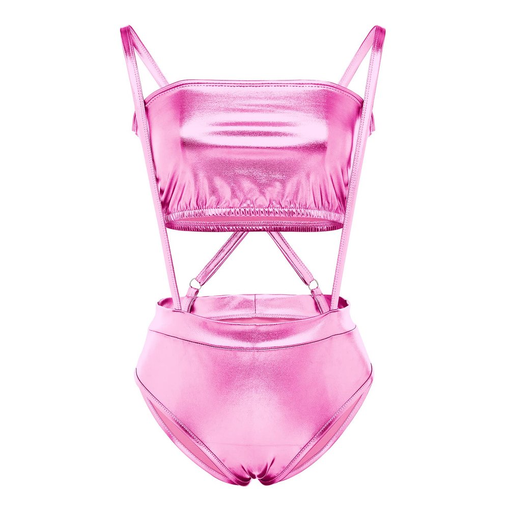 Women's Metallic Shiny Teddy Bodysuit and Bandeau Tube Top Suspender Swimsuit Bikini Set Two Piece Bathing Suit Suspender Jumpsuit Romper Night Rave Dance Costume Sexy Lingerie Sleepwear Pink M