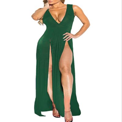 Womens Bandage Side Split V Neck Sleeveless Bodycon Clubwear Maxi Vest Dress DarkGreen