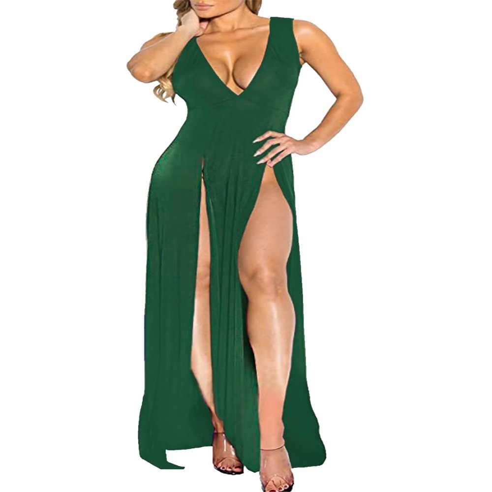 Womens Bandage Side Split V Neck Sleeveless Bodycon Clubwear Maxi Vest Dress DarkGreen