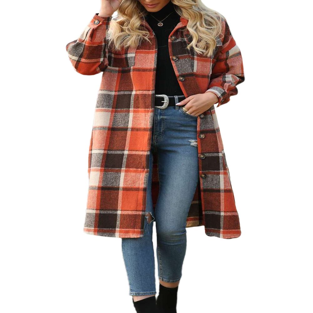 Aurlust Long Plaid Shirt Jacket, Women Loose Wool shackets Fashion, Fall Flannel Button-Down Oversized Checked Shirts Coat (Orange, XX-Large)