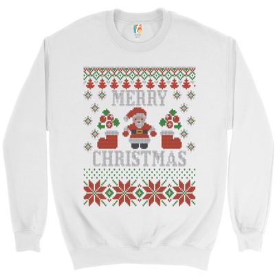 Tee Hunt Ugly Sweater Santa Claus Sweatshirt Let it Snow Christmas Jingle Bells Crewneck White Small