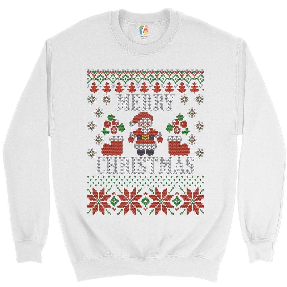 Tee Hunt Ugly Sweater Santa Claus Sweatshirt Let it Snow Christmas Jingle Bells Crewneck White Small