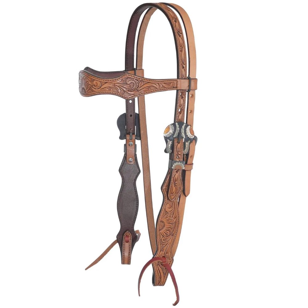 Circle Y Copper Sunflower Tooling Durable Versatile Western Horse Size Double Leather Ply Browband Headstall with Adjustable Strap | 35" - 43" Headstall Working Length