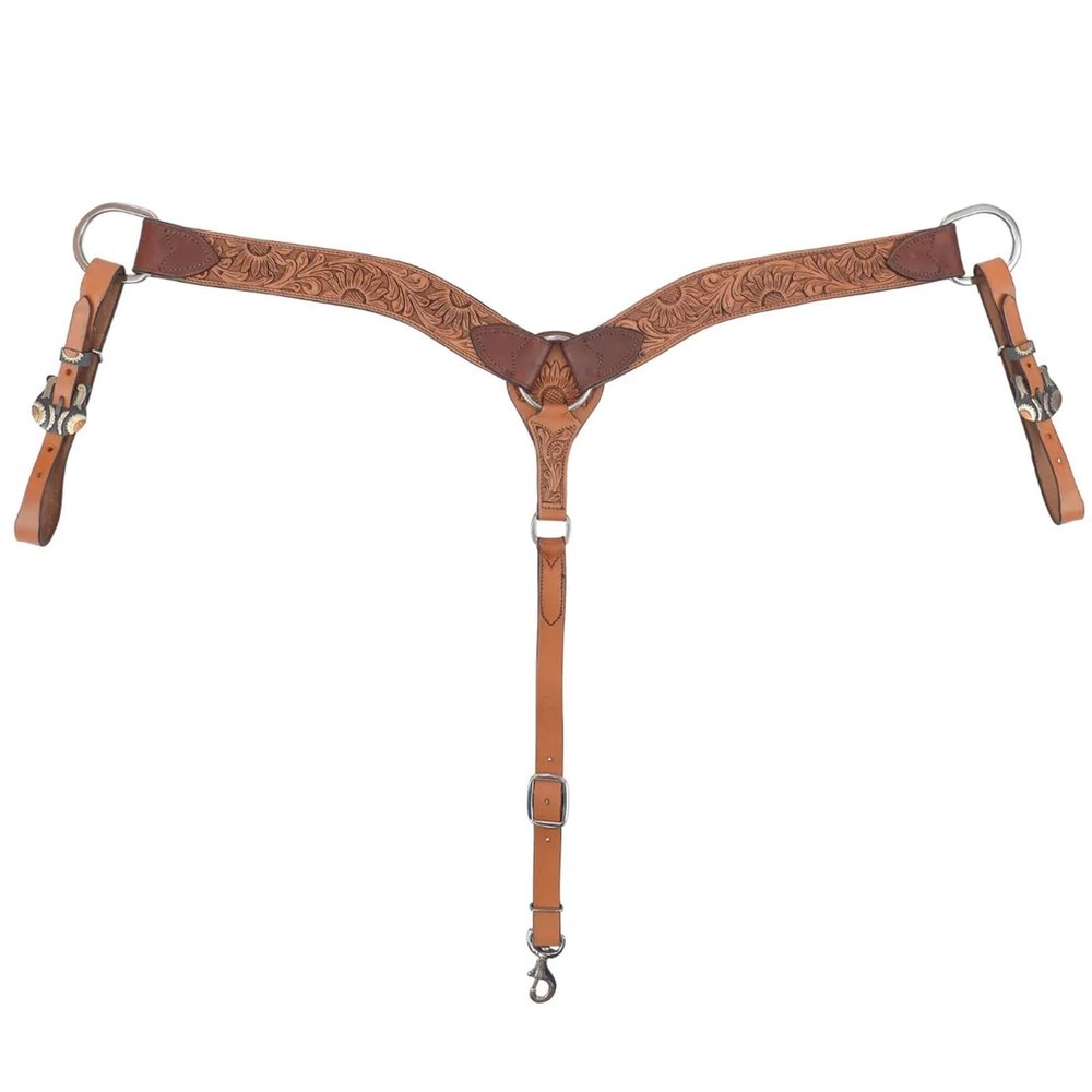 Circle Y Copper Sunflower Tooling Durable Western Horse Size Double Leather Ply Equine Breast Collar with Iron Buckles | 28" - 30" Breast Collar Working Length