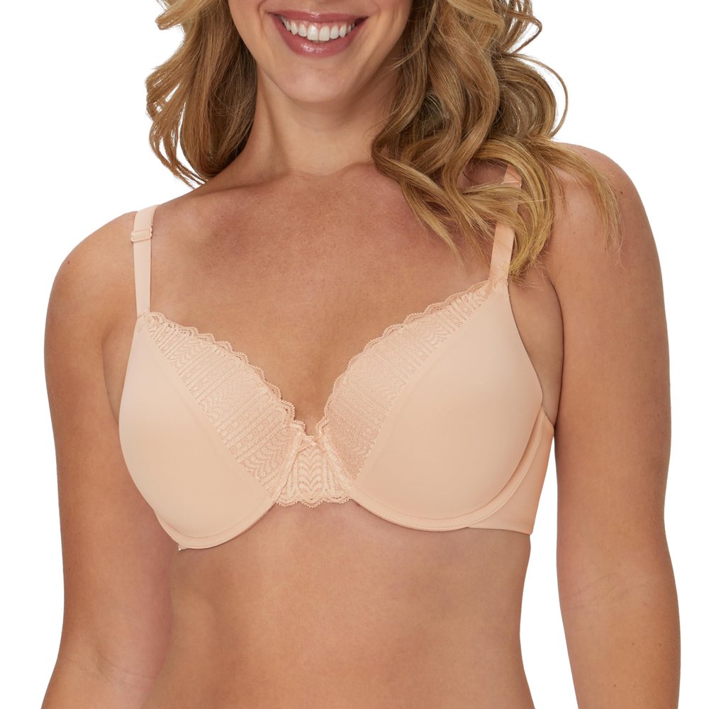 Maidenform Comfort Devotion Lace Bra, Smoothing Full-Coverage T-Shirt Bra for Everyday Comfort, Comfortable Lace Bra, Sandshell, 42D