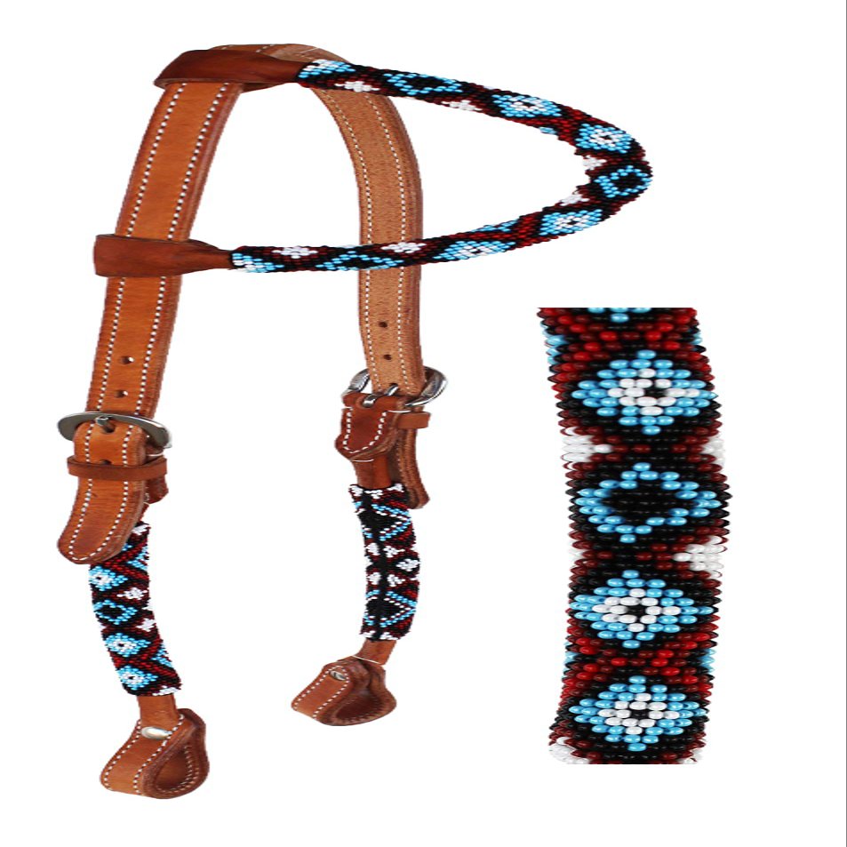 CHALLENGER Horse Western Leather Tack Beaded Overlay One Ear Headstall Screw Ends 79RT02HA