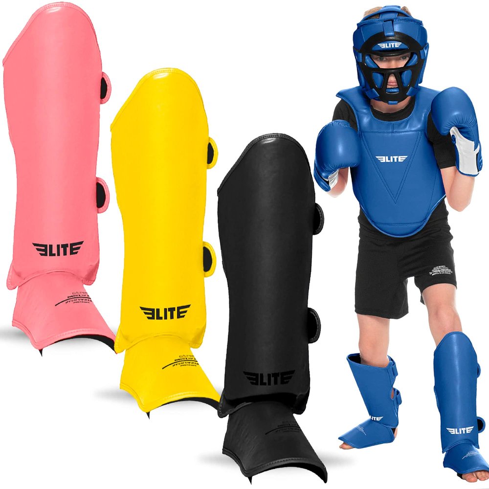 Elite Sports Muay Thai MMA Kickboxing Boys and Girls Shin Guards for Age 4 to 8 Years, Instep Guard Sparring Protective Leg Shin Kick Pads for Kids (Medium, Blue)