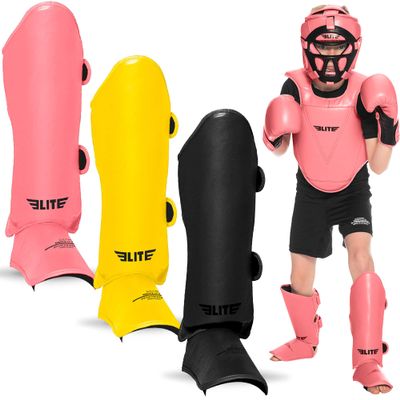 Elite Sports Muay Thai MMA Kickboxing Boys and Girls Shin Guards for Age 4 to 8 Years, Instep Guard Sparring Protective Leg Shin Kick Pads for Kids (Medium, Pink)