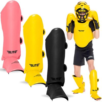 Elite Sports Muay Thai MMA Kickboxing Boys and Girls Shin Guards for Age 4 to 8 Years, Instep Guard Sparring Protective Leg Shin Kick Pads for Kids (Medium, Yellow)