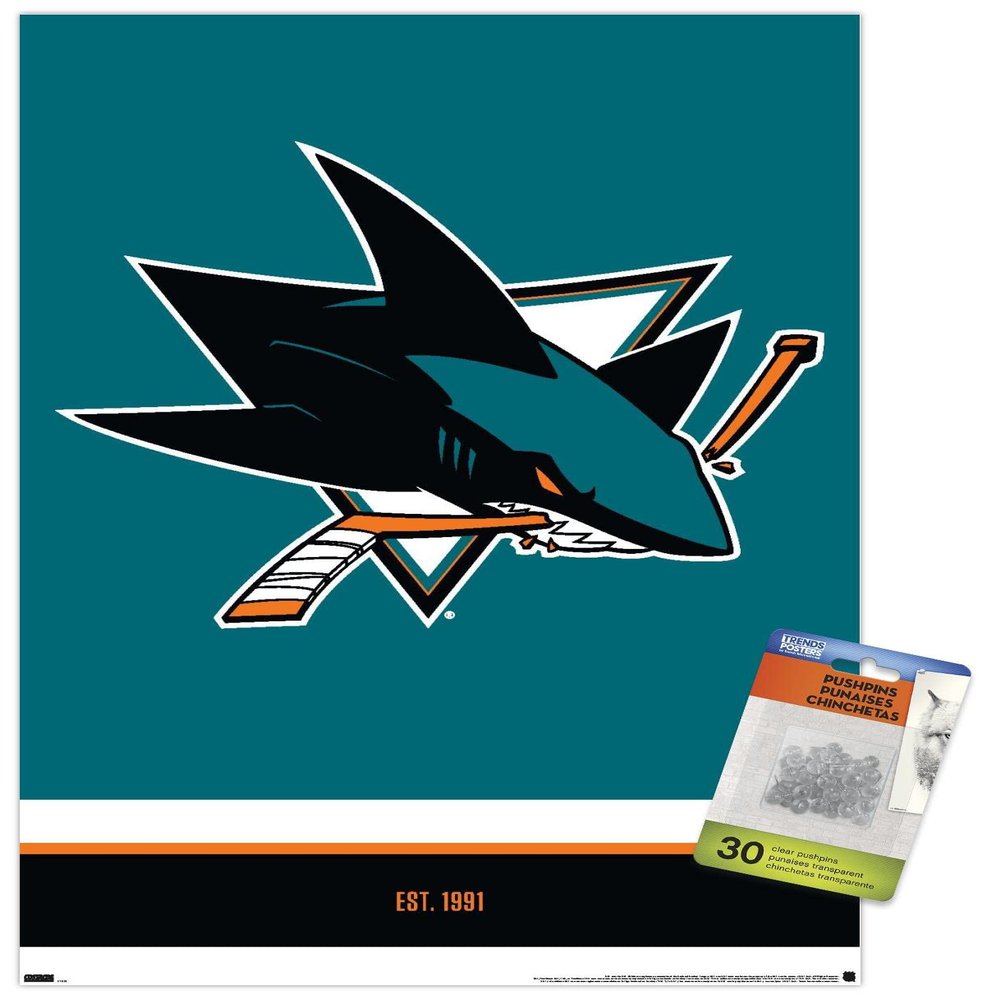 Trends International NHL San Jose Sharks - Logo 21 Wall Poster, 14.72" x 22.37", Premium Poster & Push Pin Bundle
