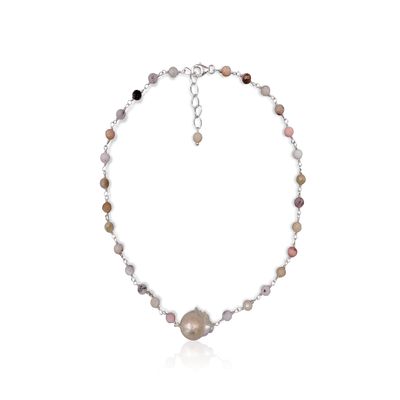 A Dainty Genuine Pink Opal Short Necklace with a Focal Cultured Freshwater Baroque Pearl Pendant.