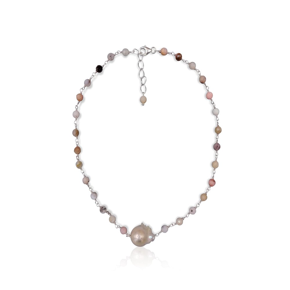 A Dainty Genuine Pink Opal Short Necklace with a Focal Cultured Freshwater Baroque Pearl Pendant.