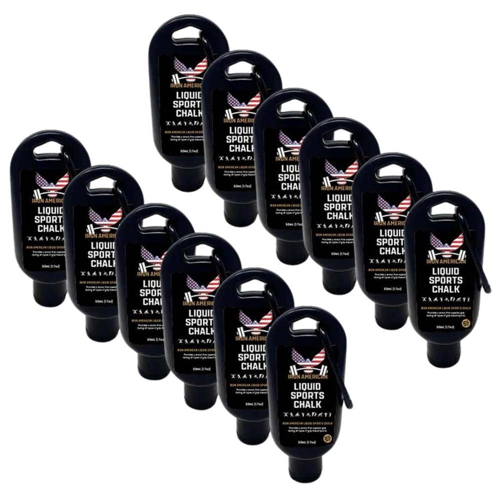 IRON AMERICAN Liquid Chalk - No-Mess Long-Lasting Grip for Weightlifting, Gymnastics, Rock Climbing & Fitness Training - 50ml Travel Bottle - Advanced Hand Chalk for Gym - 12pk