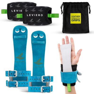 LEVIERO Gymnastics Grips Set Narrow Squeeze, Grips for Gymnastics Girls, Dowel Grips with Soft Leather, Double Buckle Wrist Closure, and Adjustable Finger Holes, for All Ages - (Aqua, 3)