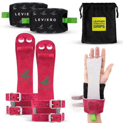 LEVIERO Gymnastics Grips Set Narrow Squeeze, Grips for Gymnastics Girls, Dowel Grips with Soft Leather, Double Buckle Wrist Closure, and Adjustable Finger Holes, for All Ages - (Pink, 2)