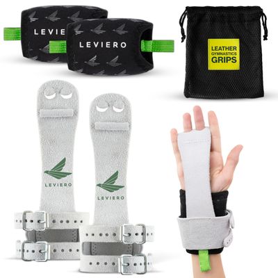 LEVIERO Gymnastics Grips Set Narrow Squeeze, Grips for Gymnastics Girls, Dowel Grips with Soft Leather, Double Buckle Wrist Closure, and Adjustable Finger Holes, for All Ages - (White, 3)