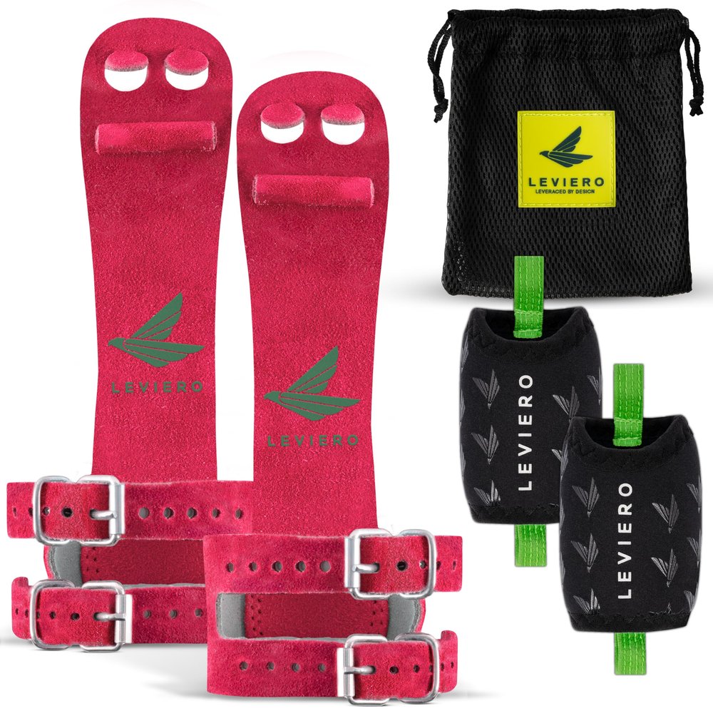LEVIERO Gymnastics Grips Set Narrow Squeeze, Grips for Gymnastics Girls, Dowel Grips with Soft Leather, Double Buckle Wrist Closure, and Adjustable Finger Holes, for All Ages - (Pink, 000)