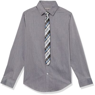 Van Heusen Boys' Long Sleeve Dress Shirt and Tie Set, Wild Grey Plaid, 14-16