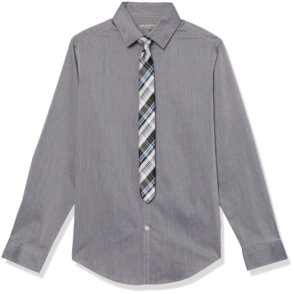 Van Heusen Boys' Long Sleeve Dress Shirt and Tie Set, Wild Grey Plaid, 14-16