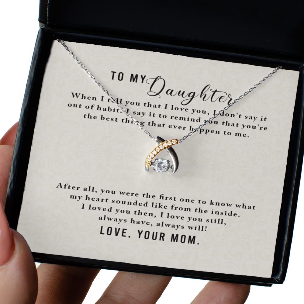 to My Daughter Necklace Love from Mom. Fashion Cross, Love Heart or Wishbone Pendant and Necklace 925 Sterling Silver - Wishbone Dancing Necklace