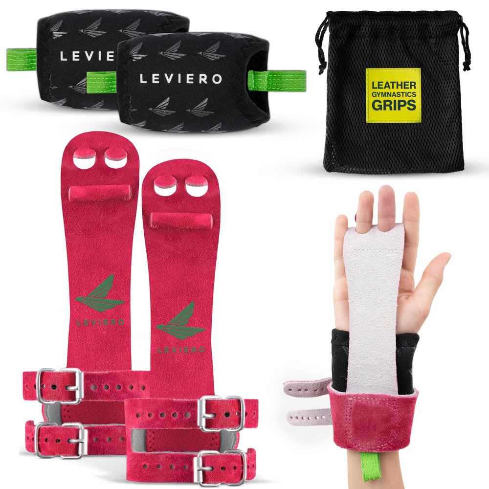 LEVIERO Gymnastics Grips Set Narrow Squeeze, Grips for Gymnastics Girls, Dowel Grips with Soft Leather, Double Buckle Wrist Closure, and Adjustable Finger Holes, for All Ages - (Pink, 0)