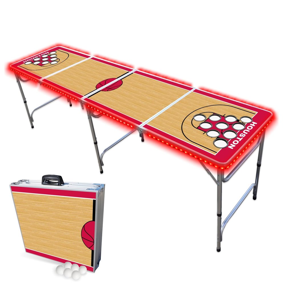 8-Foot Professional Beer Pong Table w/Cup Holes & LED Lights - Houston Basketball Court