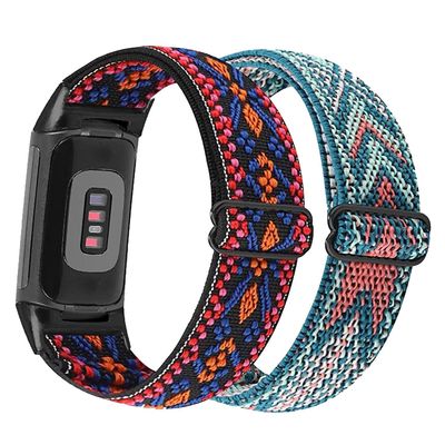 Abanen 2 Pack Elastic Bands for Fitbit Charge 6 / Charge 5, Soft Nylon Stretchy Embroidery Loop Breathable Wristband Strap with Adjustable Clasp for Charge 5 Advanced Tracker (Blue Pink- Red Orange)