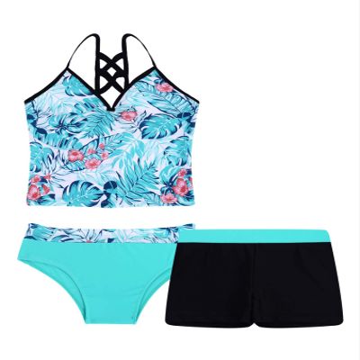HULIJA Kids Girls 3 Piece Tankini Floral Printed Tanks Tops with Boyshorts Bottoms Bathing Suit Swimsuit Green-Palm-Leaves 8 Years