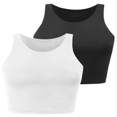 Yeawinta Crop Tank Top for Women Workout Shirts Cropped Tanks Sleeveless Gym Clothes Yoga High Neck Crop Top 2 Pack Black/White L