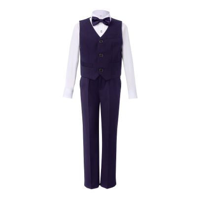 IWEMEK Boys 4 Pieces Formal Suit Vest Set Slim Fit Suit Long Sleeve Shirts + Vest+Pants + Bow Tie Black Formal Dresswear Gentleman Suits Wedding Party Communion Tuxedo Outfits Purple 13-14 Years