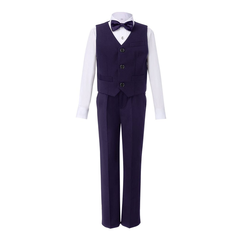 IWEMEK Boys 4 Pieces Formal Suit Vest Set Slim Fit Suit Long Sleeve Shirts + Vest+Pants + Bow Tie Black Formal Dresswear Gentleman Suits Wedding Party Communion Tuxedo Outfits Purple 13-14 Years