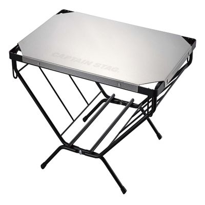 Captain Stag UC-568 Outdoor Table, Bonfire Table, Firewood Rack, Stainless Steel, Wood Rack Table, Width 17.3 x Depth 11.8 x Height 10.2 inches (440 x 300 x 260 mm), Storage Bag Included, Silver