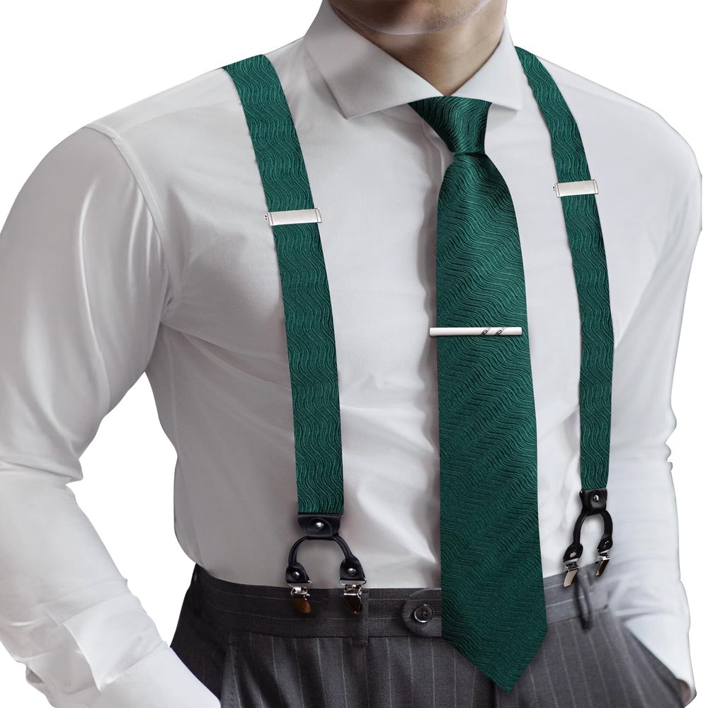 Barry.Wang Men Suspender Set with Necktie Elastic Y Type Heavy Duty 6 Clips Braces Designer Gift (Dark Green)