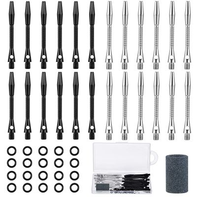 24 Pieces Aluminum Dart Shafts Shafts for Darts Steel Tip Soft Tip Dart Accessories 1.97 Inches Hard Metal Dart Stems with Rubber O Rings Darts Sharpener for Sports Outdoor Dart Flight (Black, Silver)