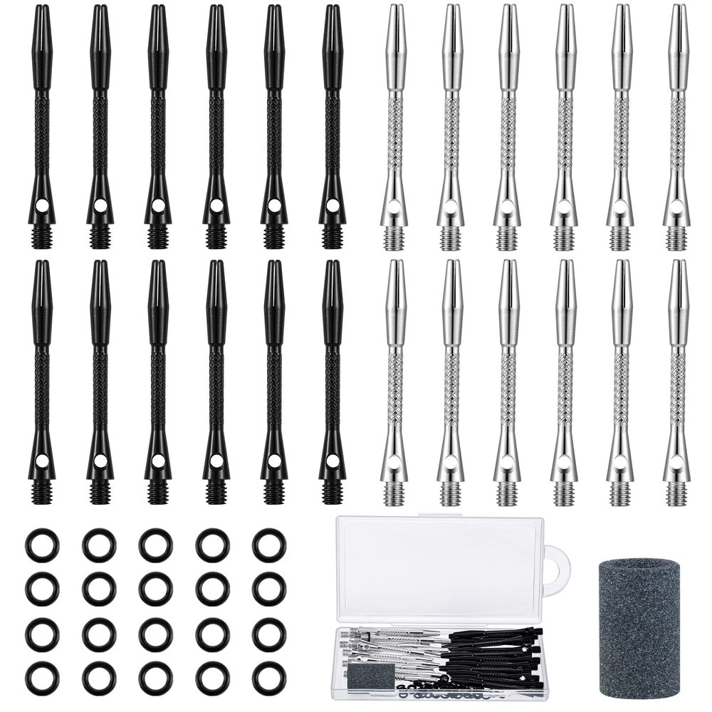 24 Pieces Aluminum Dart Shafts Shafts for Darts Steel Tip Soft Tip Dart Accessories 1.97 Inches Hard Metal Dart Stems with Rubber O Rings Darts Sharpener for Sports Outdoor Dart Flight (Black, Silver)
