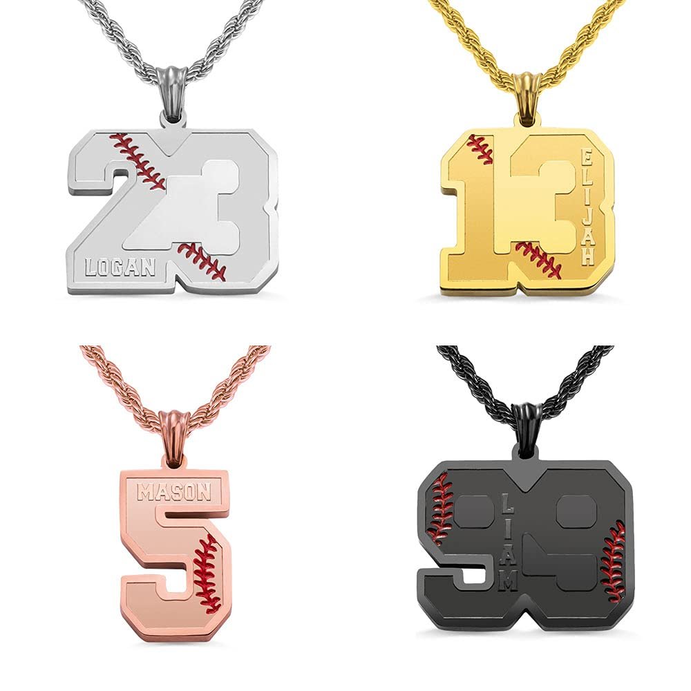 AILIN Men's Stainless Steel Custom Number Necklace With Name Personalized Back Engraving Inspirational Lucky Number Pendant Baseball Softball Charm Sports Chain Jewelry