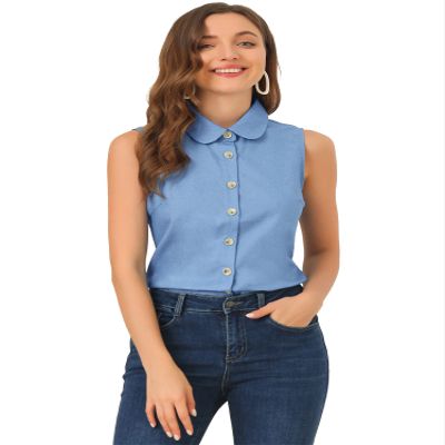 Allegra K Peter Pan Collar Chambray Blouse Shirt for Women's Casual Sleeveless Button Down Tank Top X-Large Blue