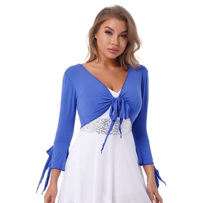 renvena Women's 3/4 Sleeve Latin Dance Top Ballet Salsa Tie Wrap Ballroom Dancing Bolero Shrugs Cardigan Royal Blue One Size
