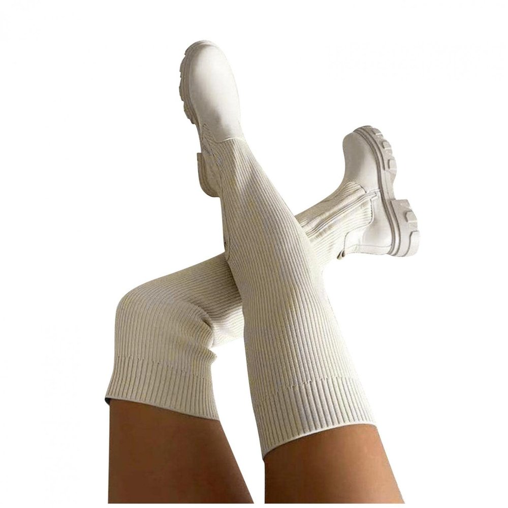 Bcshiye Platform Thigh High Boots for Women Casual Stretchy Knitted Winter Chunky Mid Heels Over The Knee Long Boots