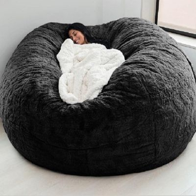 QAIOXINGXING Bean Bag Chair Cover, 7FT Giant Breathable and Comfortable for Adult Living Room Light Grey Big Round Soft Fluffy Faux Fur BeanBag Lazy Sofa (No Filler) 180X90cm