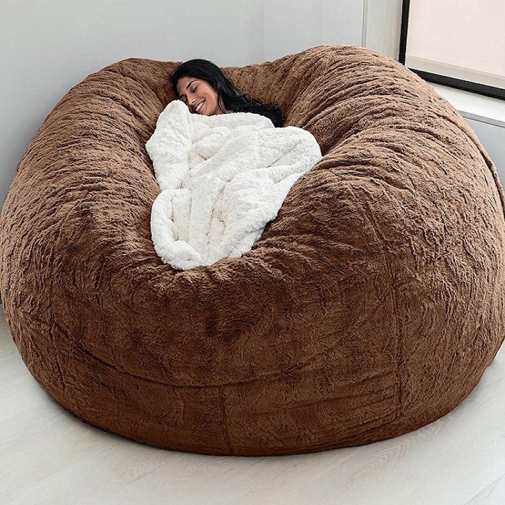 QAIOXINGXING Bean Bag Chair Cover, 7FT Giant Breathable and Comfortable for Adult Living Room Light Grey Big Round Soft Fluffy Faux Fur BeanBag Lazy Sofa (No Filler) 180X90cm
