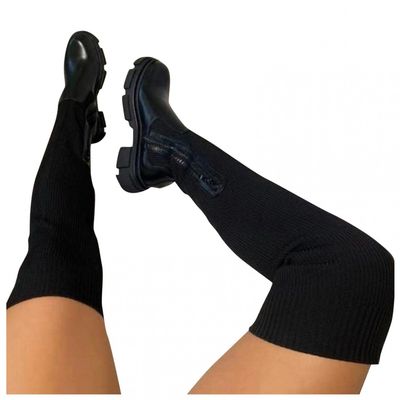 Bcshiye Platform Thigh High Boots for Women Casual Stretchy Knitted Winter Chunky Mid Heels Over The Knee Long Boots