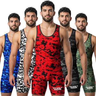 Exxact Sports Digital Camouflage Men's Wrestling Singlet, High-Performance Powerlifting Singlet, Wrestling Singlets for Men (AL, Red Camo)