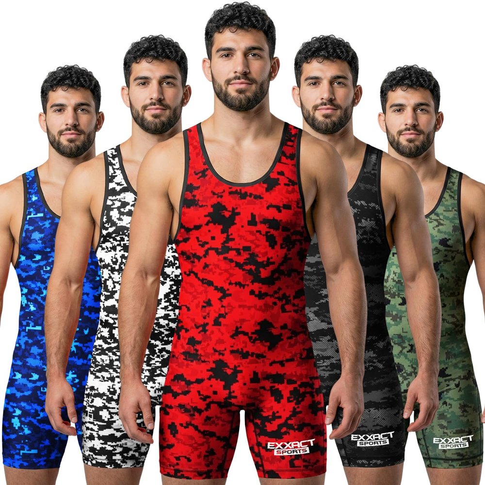 Exxact Sports Digital Camouflage Men's Wrestling Singlet, High-Performance Powerlifting Singlet, Wrestling Singlets for Men (AS, Red Camo)