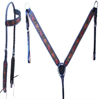 CHALLENGER Horse Western Tooled Flowers One Ear Bridle & Breast Collar Set Brown 78FK19A